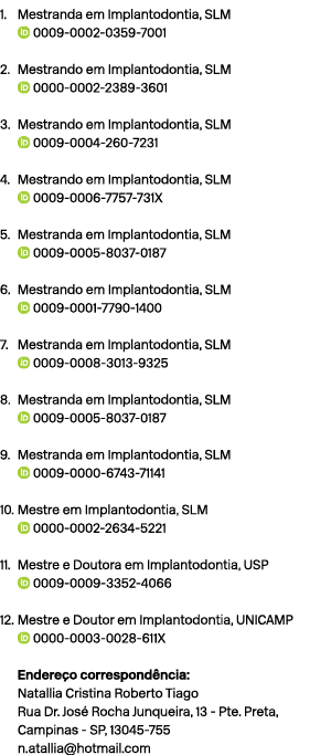 1. Mestranda em Implantodontia, SLM ￼ 0009 0002 0359 7001 2. Mestrando em Implantodontia, SLM ￼ 0000 0002 2389 3601 3...