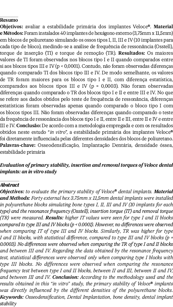 Resumo Objetivos: avaliar a estabilidade prim ria dos implantes Veloce®. Material e M todos: Foram instalados 40 impl...